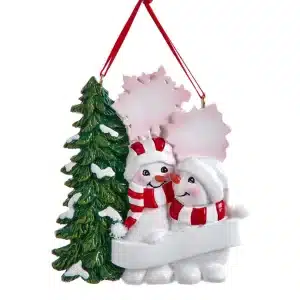 Snowman Family Of 2 With Snowy Christmas Tree & Snowflakes Ornament