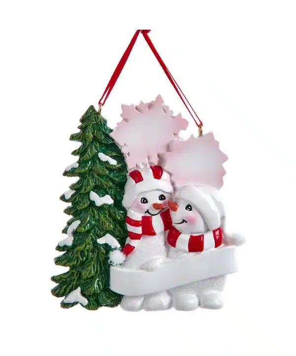 Snowman Family Of 2 With Snowy Christmas Tree & Snowflakes Ornament