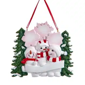 Snowman Family Of 3 With Snowy Christmas Tree & Snowflakes Ornament