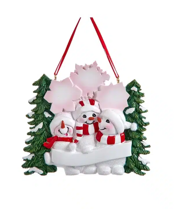 Snowman Family Of 3 With Snowy Christmas Tree & Snowflakes Ornament