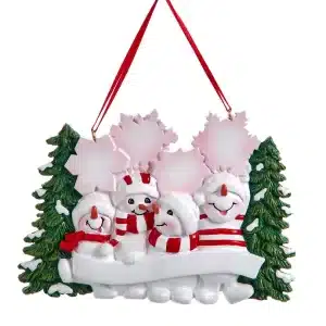 Snowman Family Of 4 With Snowy Christmas Tree & Snowflakes Ornament