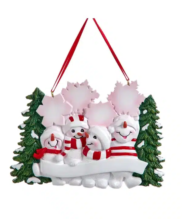 Snowman Family Of 4 With Snowy Christmas Tree & Snowflakes Ornament