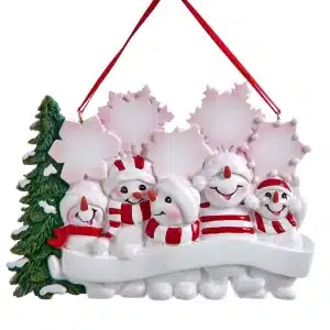 Snowman Family Of 5 With Snowy Christmas Tree & Snowflakes Ornament