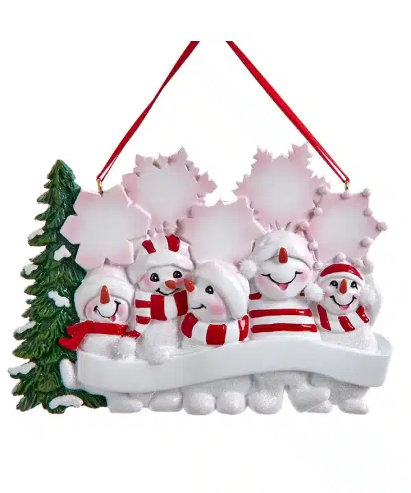 Snowman Family Of 5 With Snowy Christmas Tree & Snowflakes Ornament